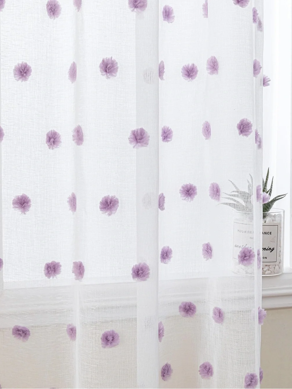 DKNY White Sheer Curtain Panel with Lavender Pom Poms